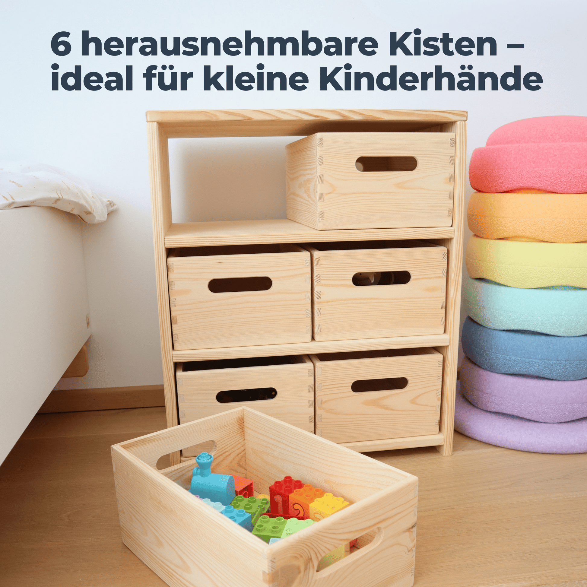 Spielzeugregal aus Holz mit 6 Kisten – Montessori-Regal | SHELF