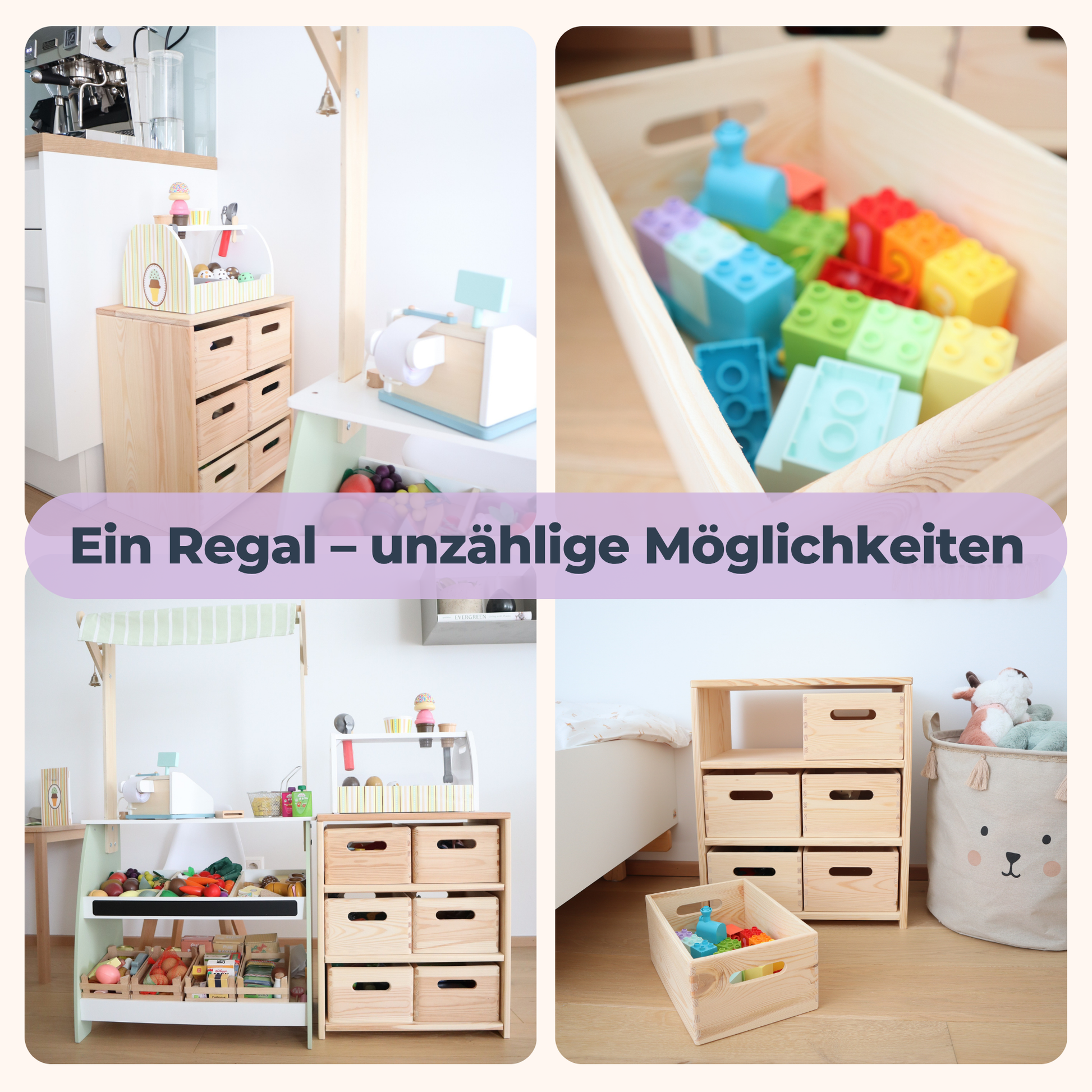 Spielzeugregal aus Holz mit 6 Kisten – Montessori-Regal | SHELF